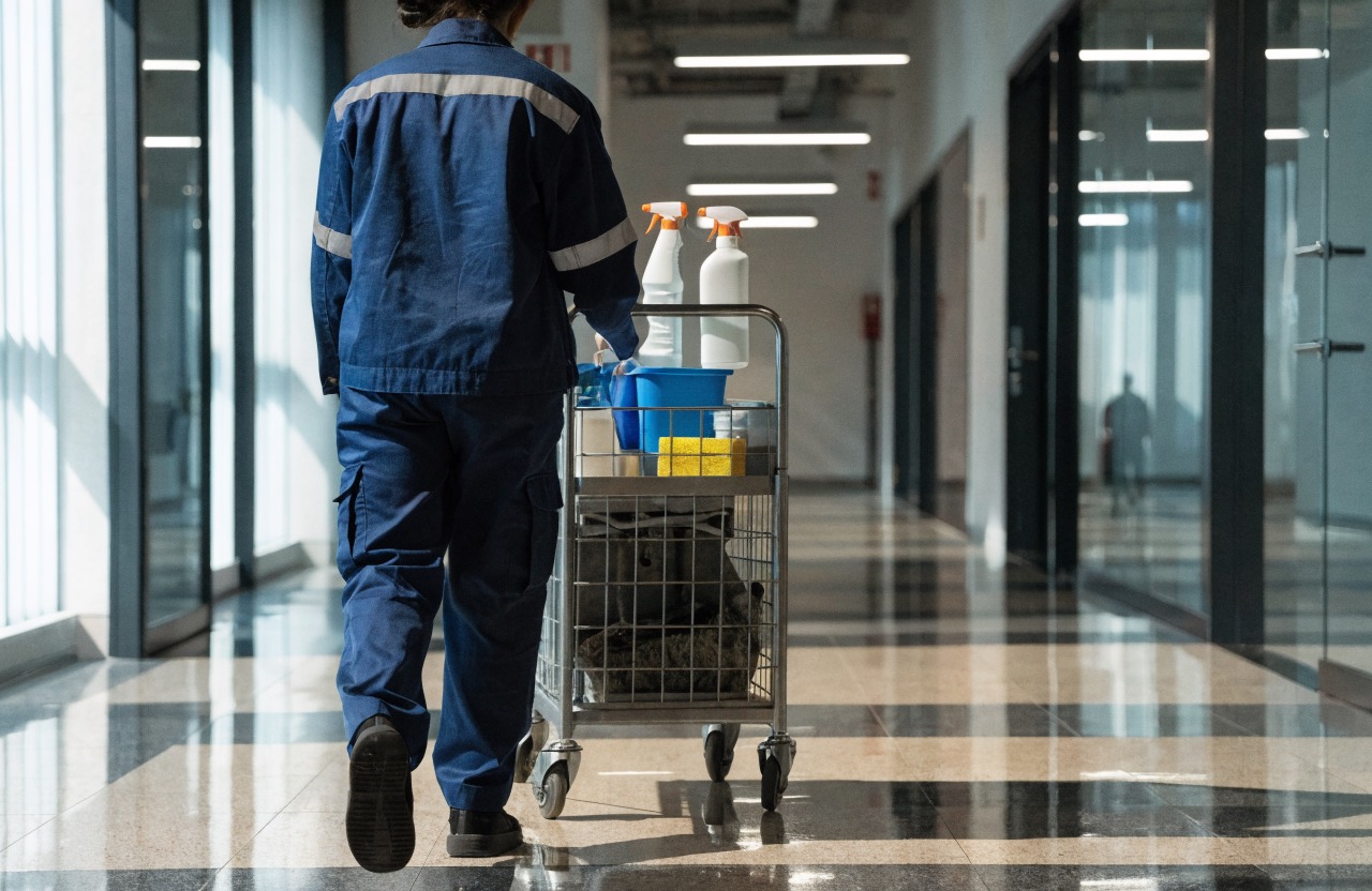 Reinigungsfachkraft mit Reinigungswagen im Einsatz in einem Bürokorridor